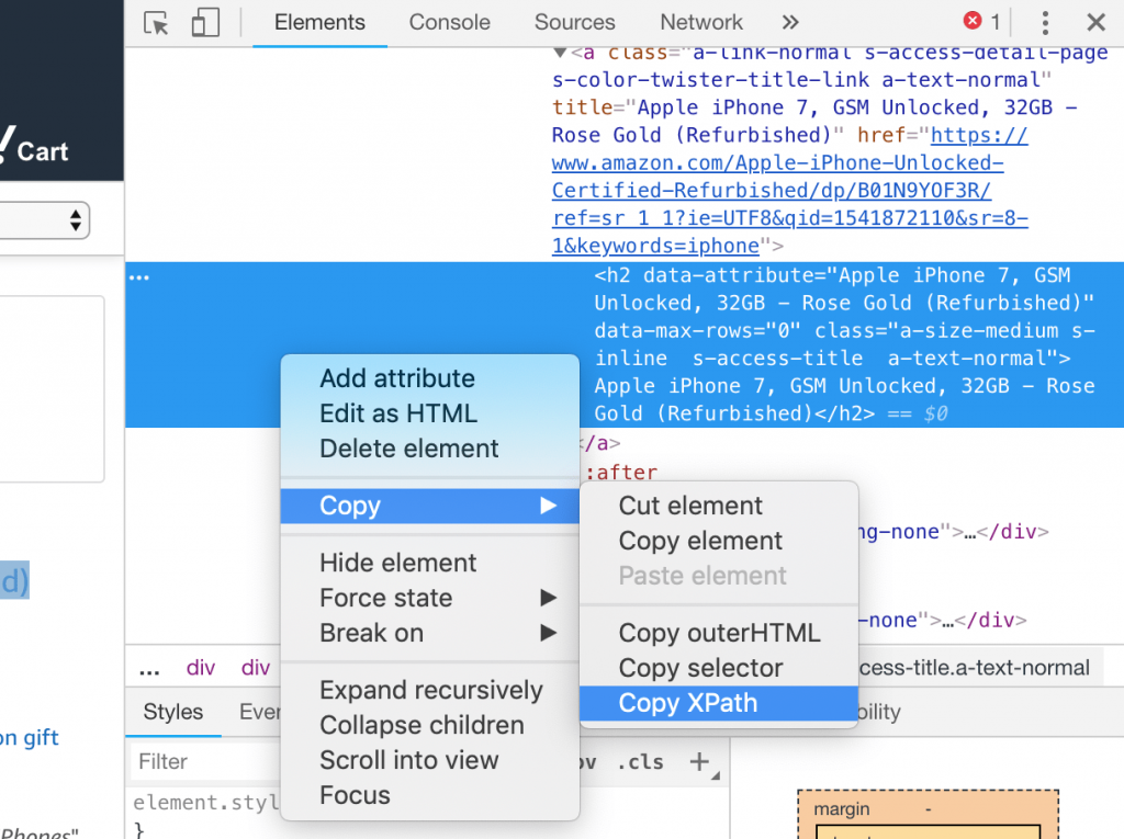 Copy an xpath on Chrome Developer Tool